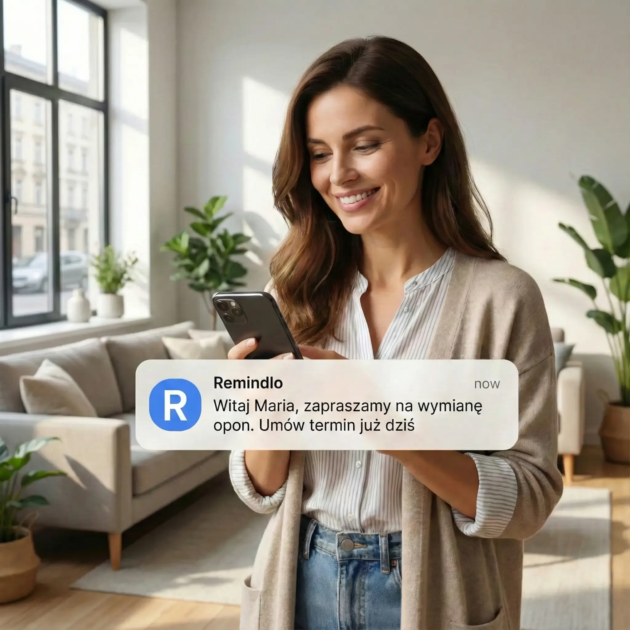 Klientka otrzymująca przypomnienie SMS o wymianie opon